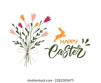 Feliz Pascua. Plantilla de postal moderna con flores de primavera y conejo de Pascua de estilo plano. Ilustración vacaciones Pascua en colores pastel. Cartel que dice.