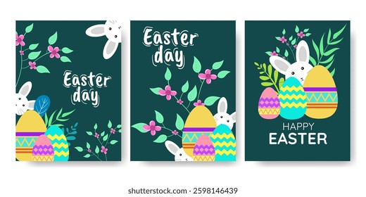 Happy Easter, Modern poster flat design with tropikal leaves, flowers, eggs and bunnies. Vector illustration
