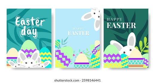 Happy Easter, Modern poster flat design with tropikal leaves, flowers, eggs and bunnies. Vector illustration