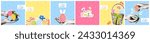 Happy Easter modern retro art collage square banners set. Trendy greeting cards with cut out of magazine shapes. Halftone hands holding Easter eggs, bunny, basket. Vector illustration