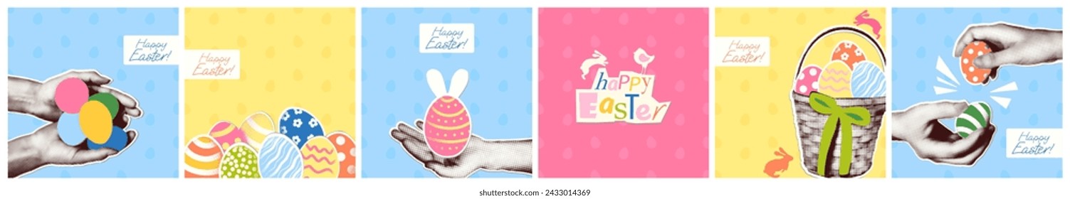 Feliz Pascua moderno arte retro collage cuadrado banners conjunto. Tarjetas de felicitación de moda con recortes de formas de revista. Manos de medio tono sosteniendo huevos de Pascua, conejito, canasta. Ilustración de vector