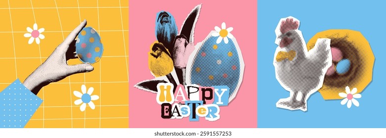 Happy Easter modern retro art collage square cards set. Trendy greeting cards with cut out of magazine shapes. Halftone hand holding Easter egg, chicken, nest with eggs. Vector illustration