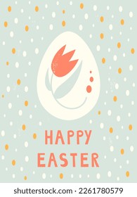 Happy Easter modern retro poster. Cute hand drawn vintage greeting card with egg, flower and dots. Shabby colorful spring holiday congratulation vector illustration