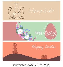 Happy Easter. Modern simple style. A set of vector Easter illustrations. Easter eggs, rabbit. Perfect for a poster, cover, or postcard