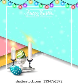 Happy Easter, modern square blue template postcard with Easter eggs and candles
