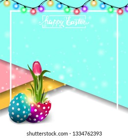 Happy Easter, modern square blue template postcard with tulip growing from Easter egg