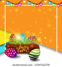 Happy Easter, modern square orange template postcard with Easter eggs