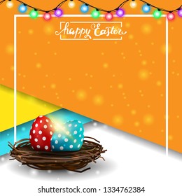 Happy Easter, modern square orange template postcard with Easter eggs in the nest