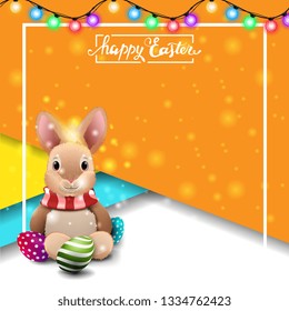 Happy Easter, modern square orange template postcard with Easter bunny