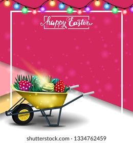 Happy Easter, modern square pink template postcard with wheelbarrow with Easter eggs