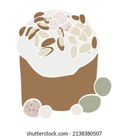 Happy Easter. Modern vector flat illustration for greeting card with easter cake. Easter dessert and eggs. Aesthetics of spring. Spring illustration on a white background. Hello april