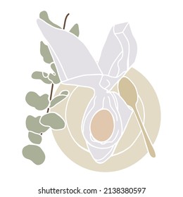 Happy Easter. Modern vector flat illustration for greeting card with easter table setting. Easter egg and eucalyptus. Aesthetics of spring. Spring illustration on a white background. Hello april