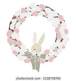 Happy Easter. Modern vector flat illustration for greeting card. Easter wreath with eggs and bunny. Aesthetics of spring. Spring illustration on a white background. Easter decor. Hello april