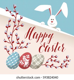 Happy Easter - modern vector template card. A holiday gift flyer with rabbit, egg, ornament rabbit, egg, flower, grass, leaf.