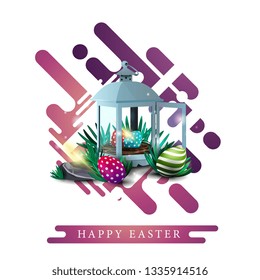Happy Easter, modern white template greeting postcard with purple geometric motion shapes and antique lantern with Easter eggs