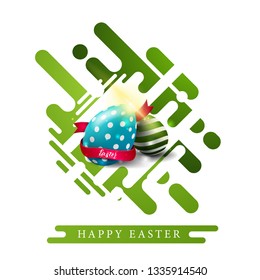 Happy Easter, modern white template greeting postcard with green geometric motion shapes and Easter eggs