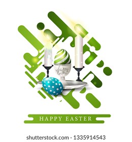 Happy Easter, modern white template greeting postcard with green geometric motion shapes, Easter eggs and candles