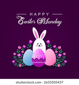 Happy easter Monday, and card, banner, poster social media greeting template design with egg, cartoon rabbit, and beautiful flowers. Vector illustration