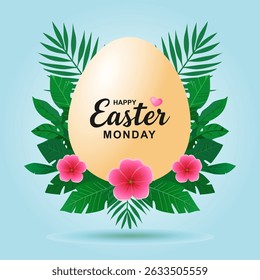 Happy easter Monday, and card, banner, poster social media greeting template design with egg, cartoon rabbit, and beautiful flowers. Vector illustration
