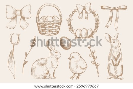 Happy Easter monochromatic hand drawn sketch with cute animals, traditional holiday attributes and natural design elements vector illustration. Chicken, rabbit, basket with eggs, wreath, bow knot set