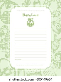 Happy Easter - monochromatic vector hand drawn template card. Realistic basket, egg, cake, angel, chaplet, rabbit, violet willow, girl, candle, bell, chicken.