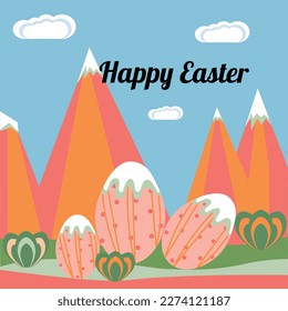 happy easter and mountains, happy eggs, postcard