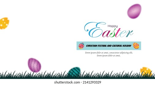 Frohe Ostern! Mehrfarbige Ferieneier auf dem Gras. Grußkarte, Einladungsdesign. Werbung, Flyer, Banner, Poster.