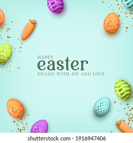 Feliz Pascua. Huevos multicolores de Pascua en un fondo azul con zanahorias realistas y confeti dorado. Cartel de vacaciones y afiche web, volante y folleto. Ilustración del vector