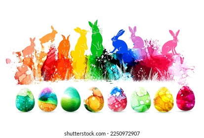 Frohe Ostern! mehrfarbige Kaninchen. Eier in Aquarellfarben. Vektorgrafik