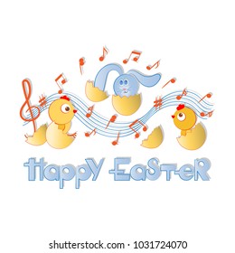 HAPPY EASTER. Musical greetings with chickens and rabbit. Postcard, poster. Composition on a light background. Decorative horizontal inscription with a contour.