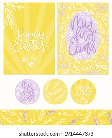 Happy Easter and My first Easter botanical greeting card set for baby with gift tag and seamless border in yellow and lilac colours. Vector hand drawn graphic.