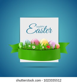 Happy Easter Natural Background with Eggs, grass, flower and white blank for sample text. Vector Illustration EPS10