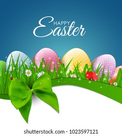 Happy Easter Natural Background with Eggs, grass, flower. Vector Illustration EPS10