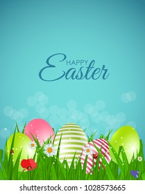 Happy Easter Natural Background with Eggs, grass, flower. Vector Illustration EPS10
