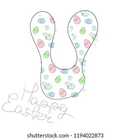 Happy Easter Negative space composition. Bunny's head sihlouette with colorful egg pattern fill  with greeting text. Hand drawn vector illustration for greeting/invitation cards, or other design.