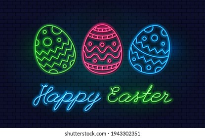 Happy Easter Neon banner. Vector realistic isolated neon Easter lettering sign for banner decoration, greeting card on wall background. 