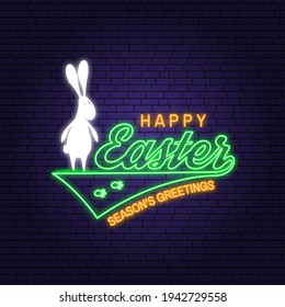 Feliz tarjeta de neón de Pascua, insignia, logo, cartel. Vector. Diseño tipográfico de neón con conejo de Pascua y huevos de mano. Moderno estilo minimalista. Para el afiche, tarjeta de saludo, superposición, pegatina