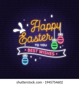 Happy Easter neon card, badge, logo, sign. Vector. Typography neon design with easter rabbit and hand eggs. Modern minimal style. For poster, greeting card, overlay, sticker