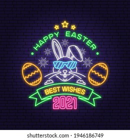 Happy Easter neon card, badge, logo, sign. Vector. Typography neon design with easter rabbit and hand eggs. Modern minimal style. For poster, greeting card, overlay, sticker