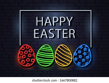 Happy Easter, neon greeting card with eggs. Dark retro brick wall background. Vector illustration