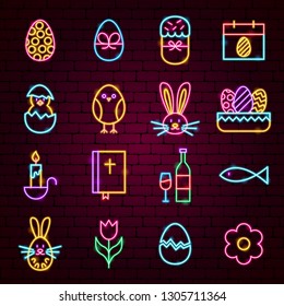 Happy Easter Neon Icons. Vector Illustration of Holiday Greeting Promotion.