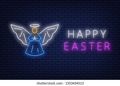 Happy Easter neon sign, banner image lettering on dark brick wall background. Vector illustration EPS 10.