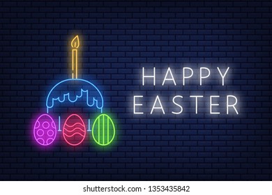 Happy Easter neon sign, banner image lettering on dark brick wall background. Vector illustration EPS 10.