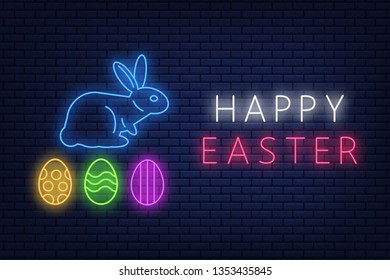 Happy Easter neon sign, banner image lettering on dark brick wall background. Vector illustration EPS 10.