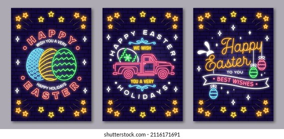 Happy Easter neon sign. Vector illustration. Neon design for Easter celebration emblem. Night neon signboard Typography design with rabbit and hand eggs. Modern minimal style.
