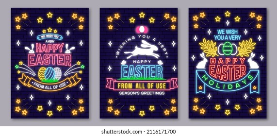 Happy Easter neon sign. Vector illustration. Neon design for Easter celebration emblem. Night neon signboard Typography design with rabbit and hand eggs. Modern minimal style.