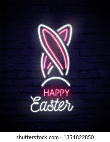 Happy Easter neon template. Pink and white neon rabbit ears isolated on dark brick background. Vector illustration