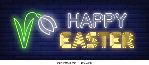 Happy Easter neon text with snowdrop. Spring season and Easter design. Night bright neon sign, colorful billboard, light banner. Vector illustration in neon style.