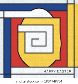 Happy Easter Neoplasticism Style and Color Egg Shape Logo Combined with Square Spiral Maze and Lettering - Multicolor on Canvas Background - Hand Drawn Doodle Design