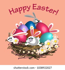 Happy Easter! Nest with Easter eggs and Easter Bunny.
